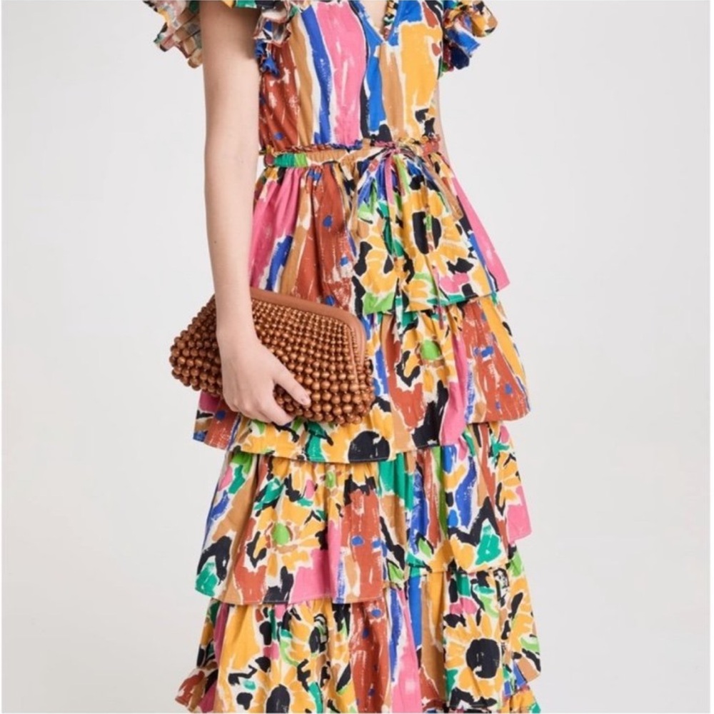 Colorful Floral Tiered Dress with Brown Clutch